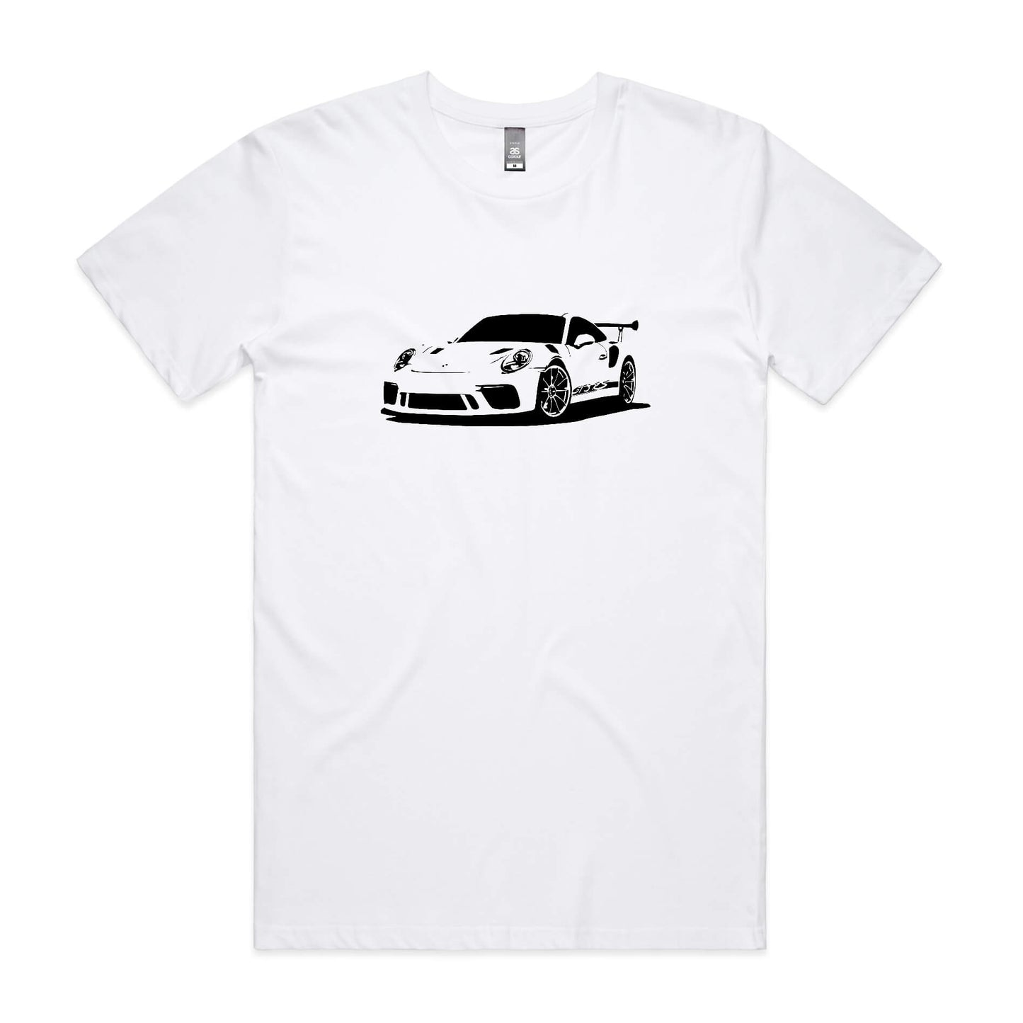 Porsche 911 GT3 RS t-shirt in white with a black car graphic