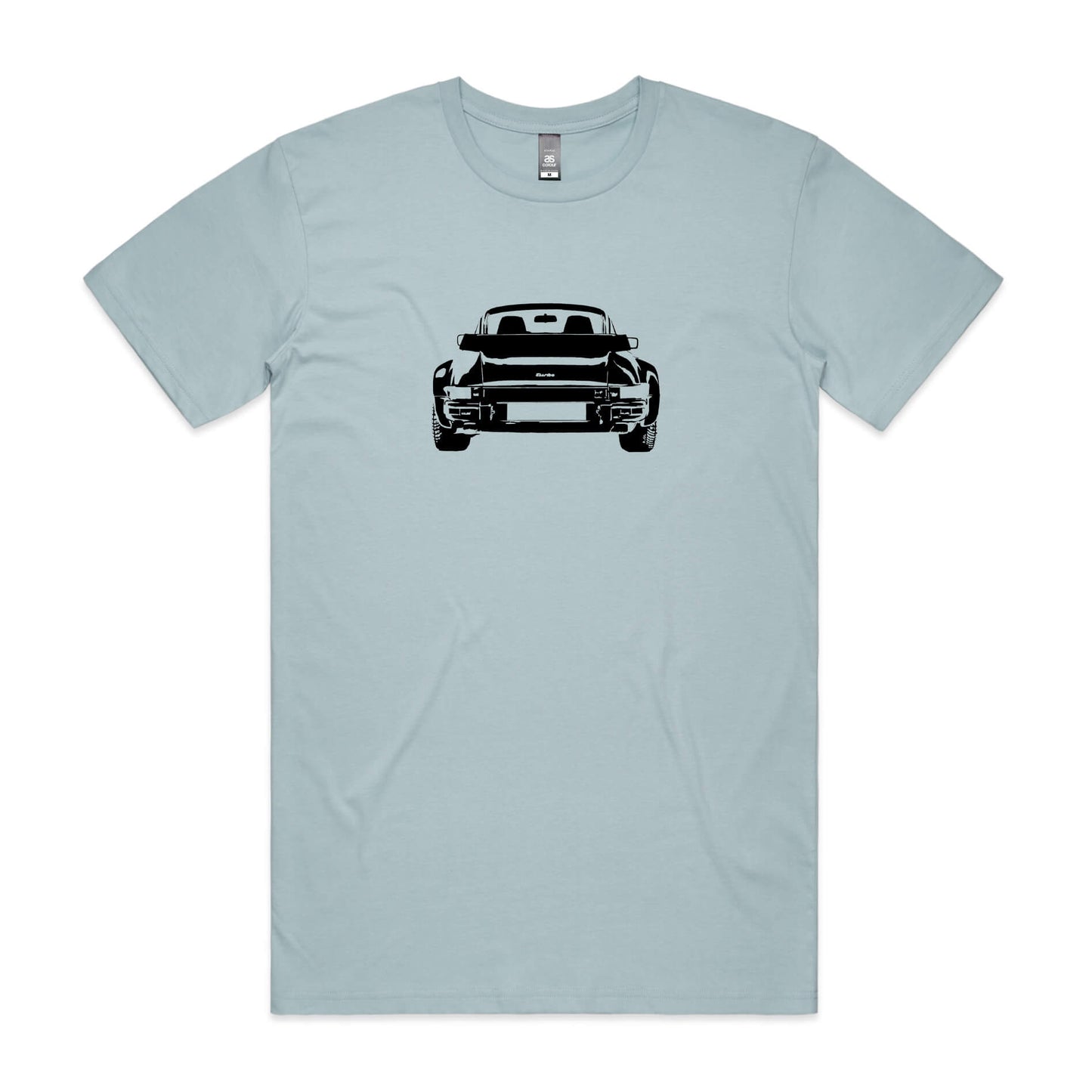Porsche 911 turbo t-shirt in light blue with a black car graphic