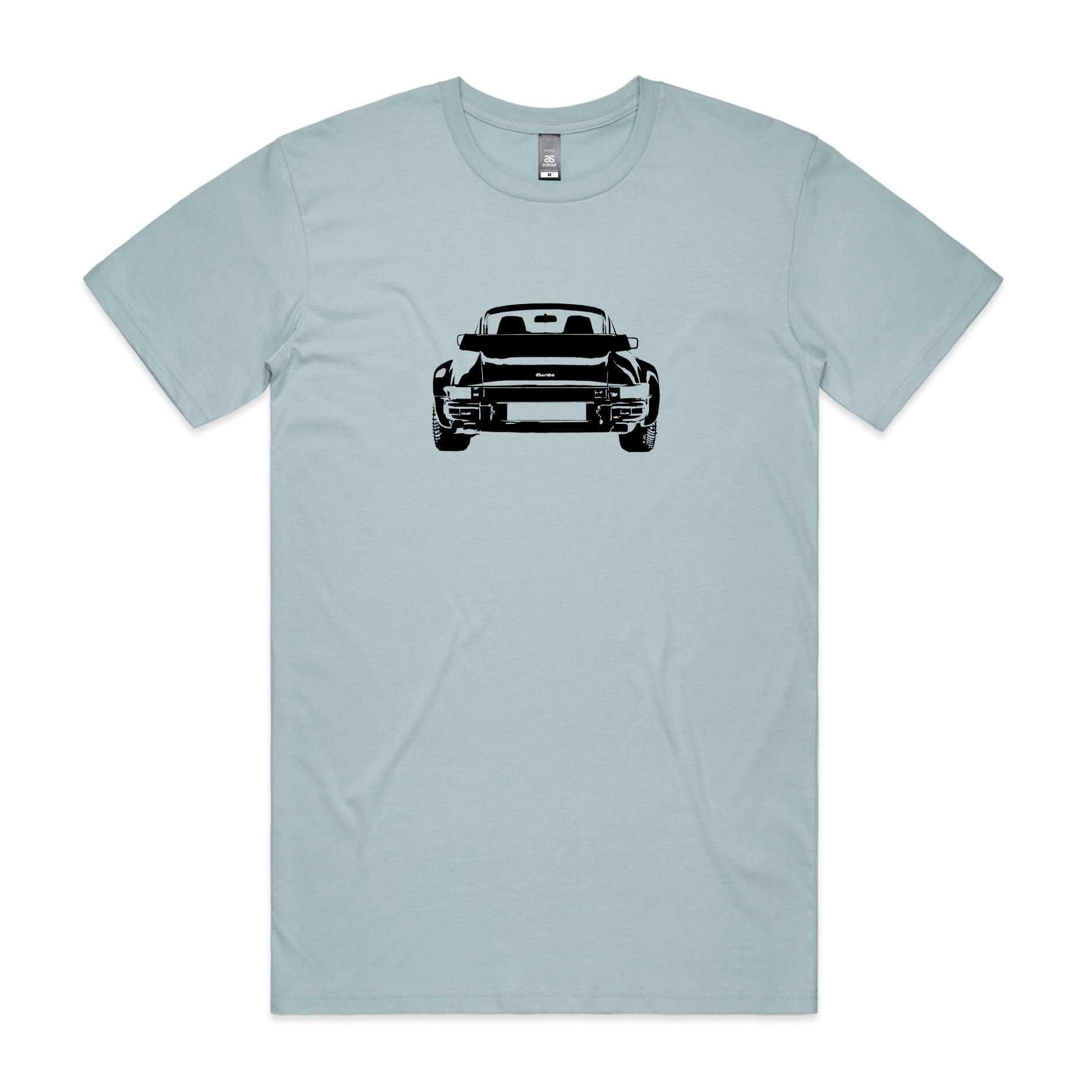 Porsche 911 turbo t-shirt in light blue with a black car graphic