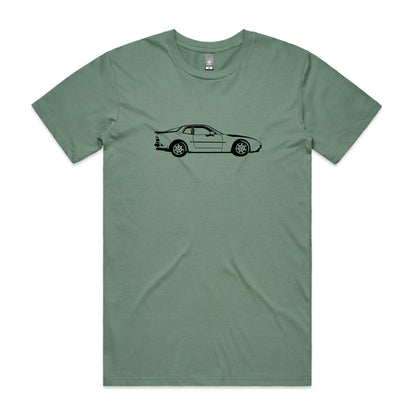 Porsche 944 t-shirt in sage green with black car graphic