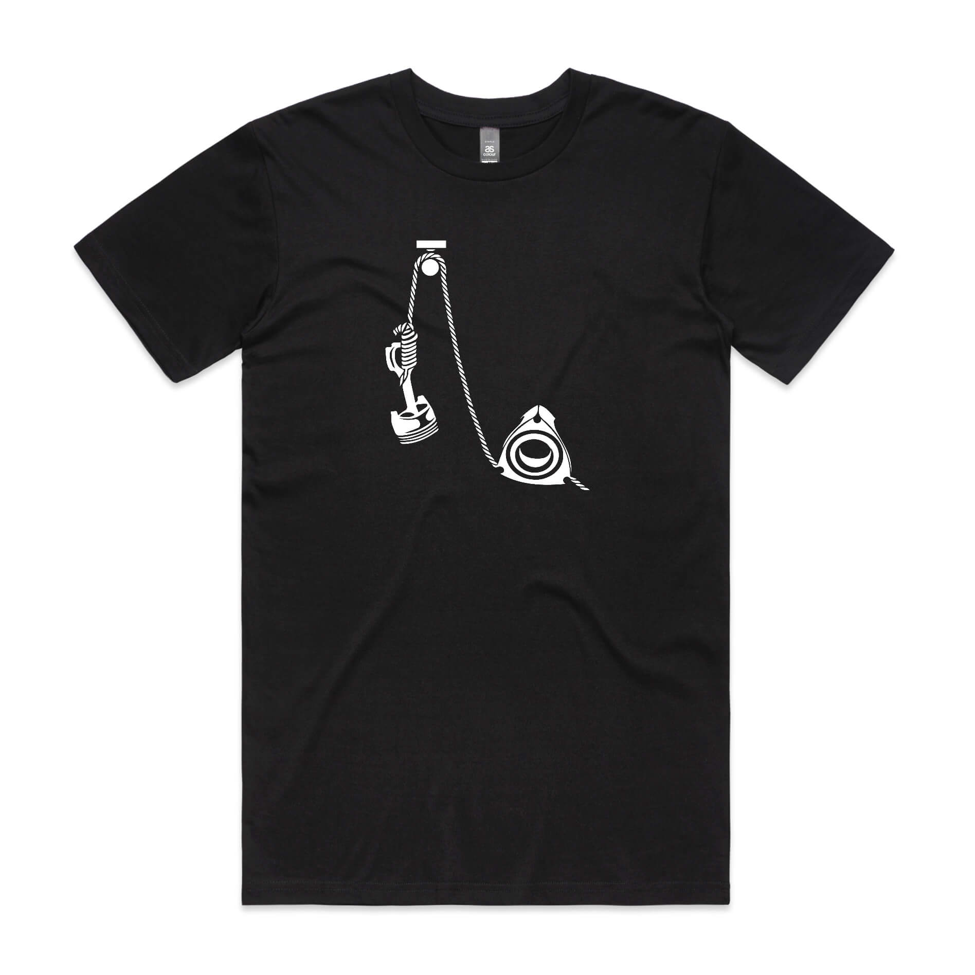 Rotary hangs piston t-shirt in black featuring a white cartoon of a rotary holding a piston in a noose