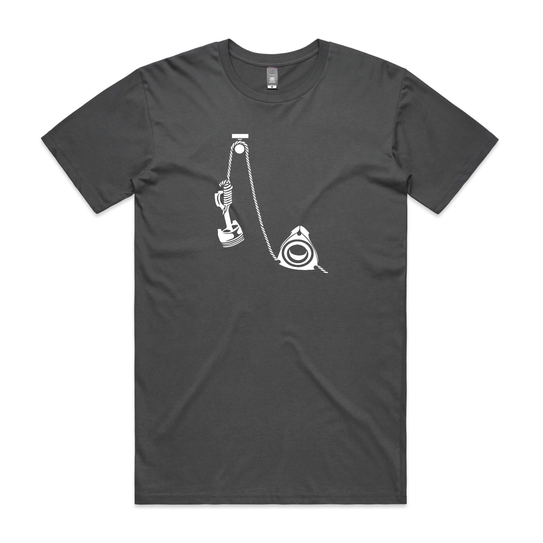 Rotary hangs piston t-shirt in charcoal grey featuring a white cartoon of a rotary holding a piston in a noose