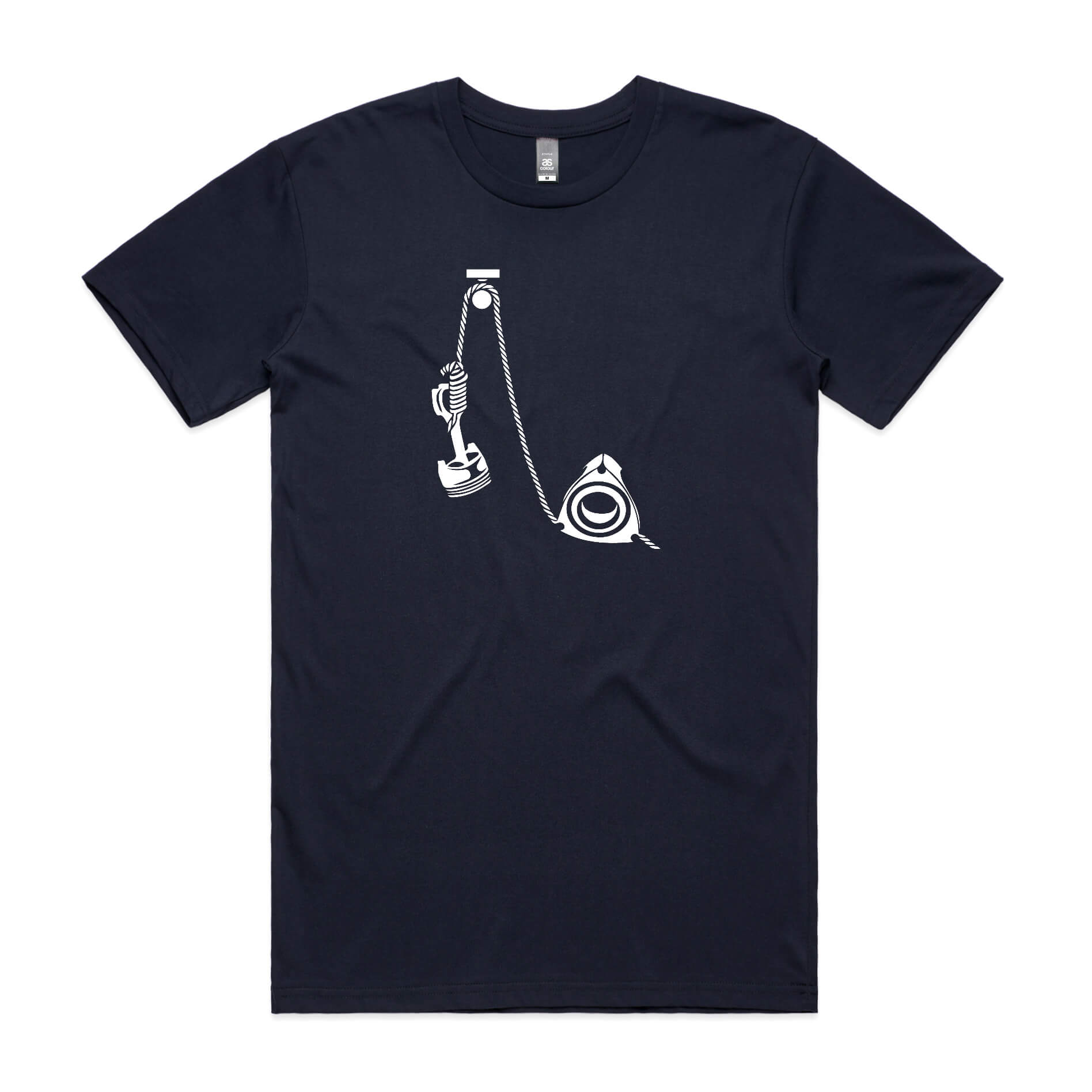 Rotary hangs piston t-shirt in navy blue featuring a white cartoon of a rotary holding a piston in a noose