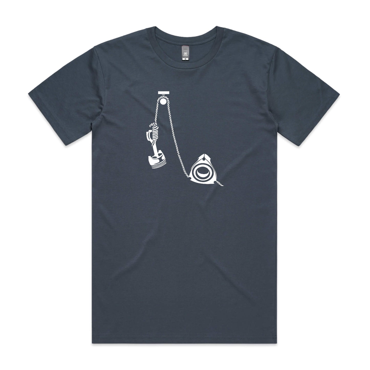 Rotary hangs piston t-shirt in petrol blue featuring a white cartoon of a rotary holding a piston in a noose