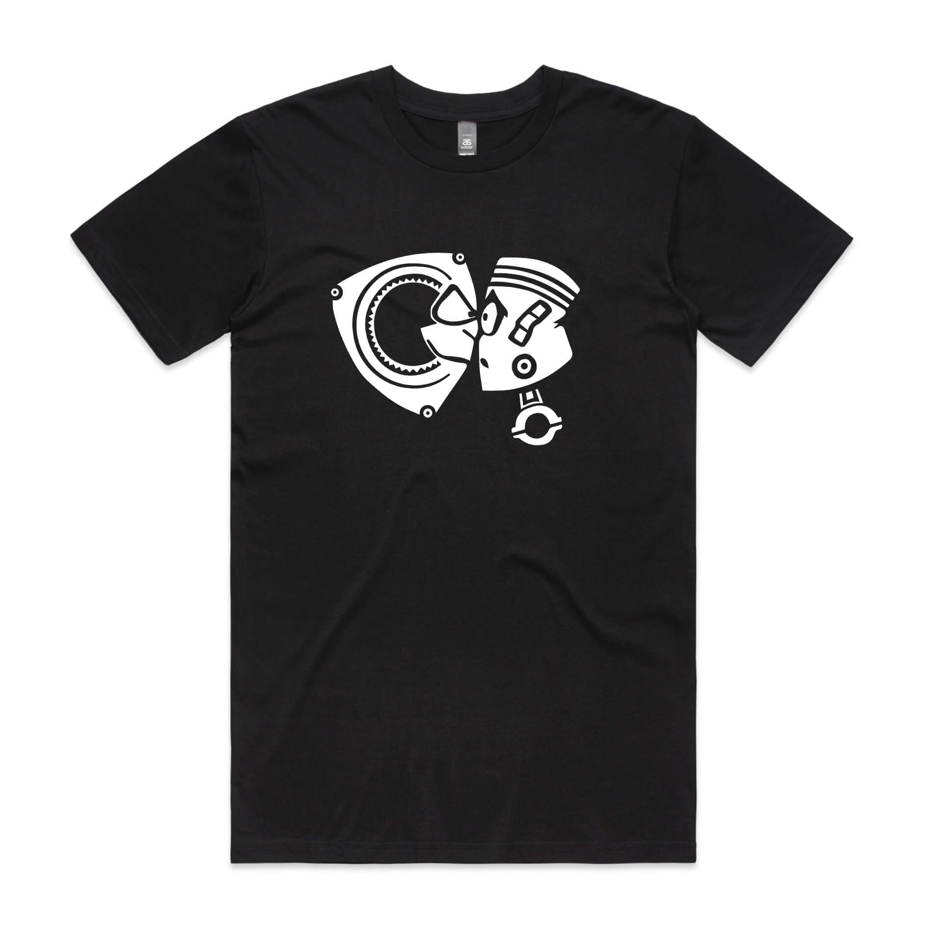 Rotary vs piston t-shirt in black with white cartoon graphic