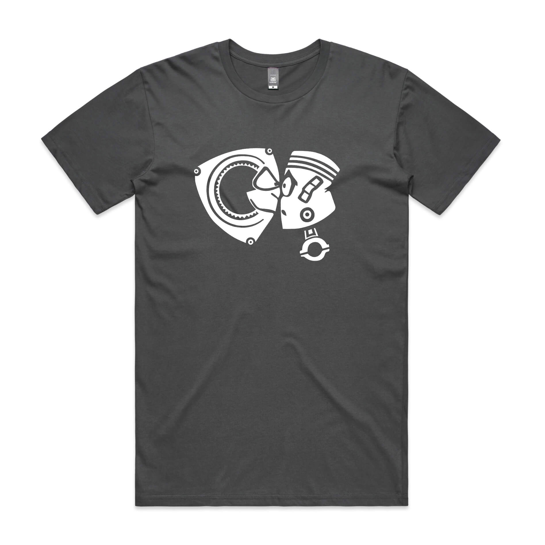 Rotary vs piston t-shirt in charcoal grey with white cartoon graphic