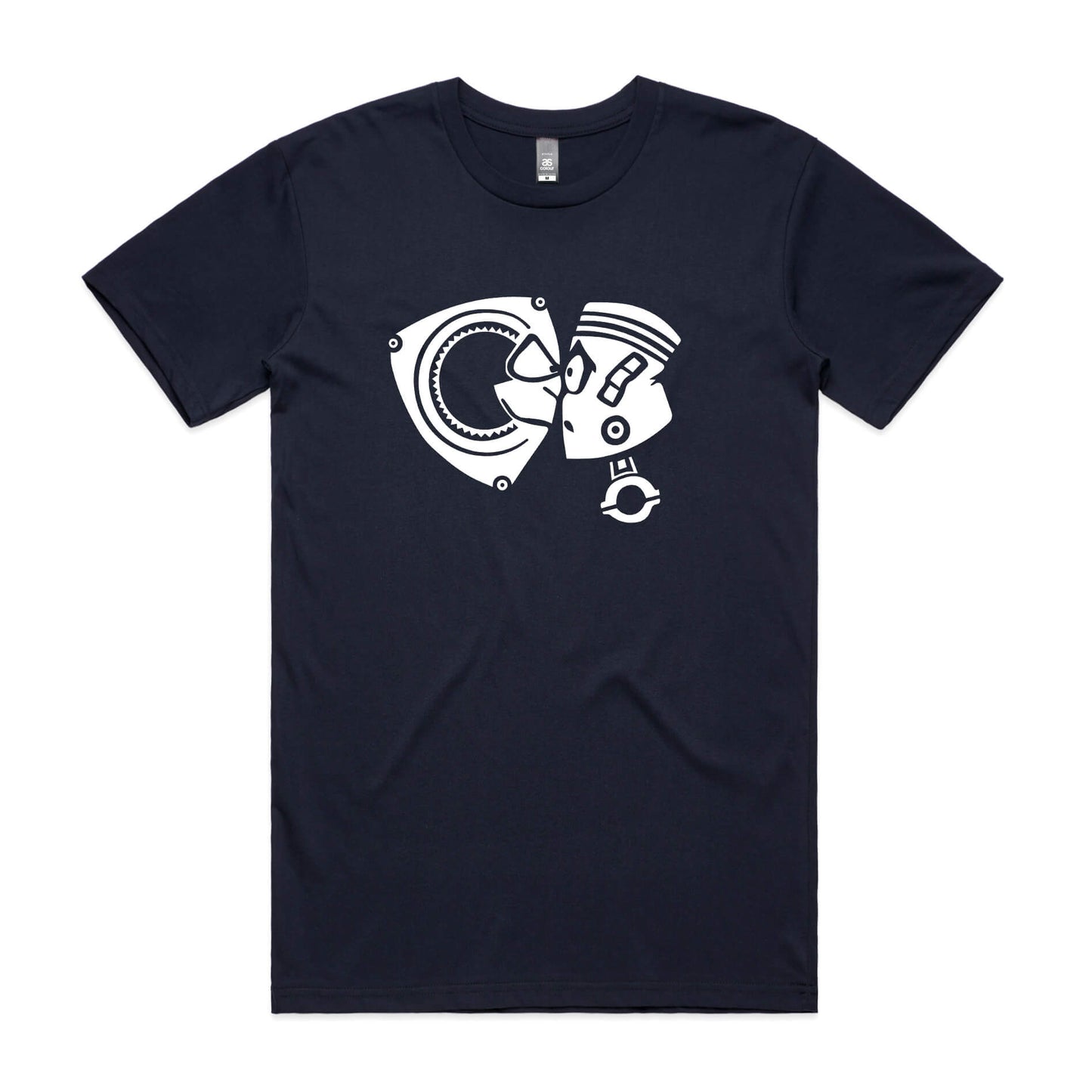 Rotary vs piston t-shirt in navy blue with white cartoon graphic