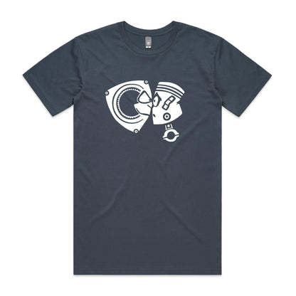 Rotary vs piston t-shirt in petrol blue with white cartoon graphic