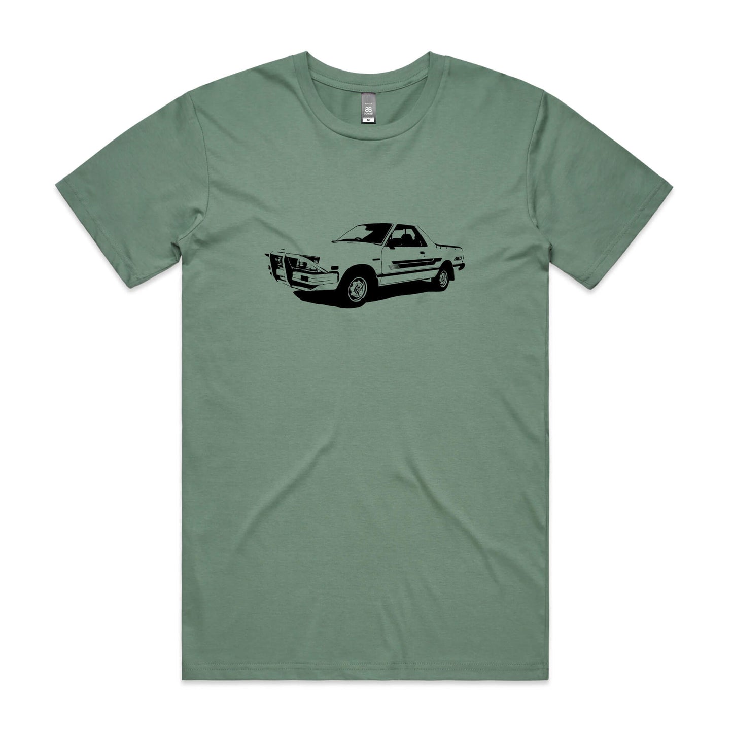 Subaru Brumby t-shirt in sage green with black ute graphic