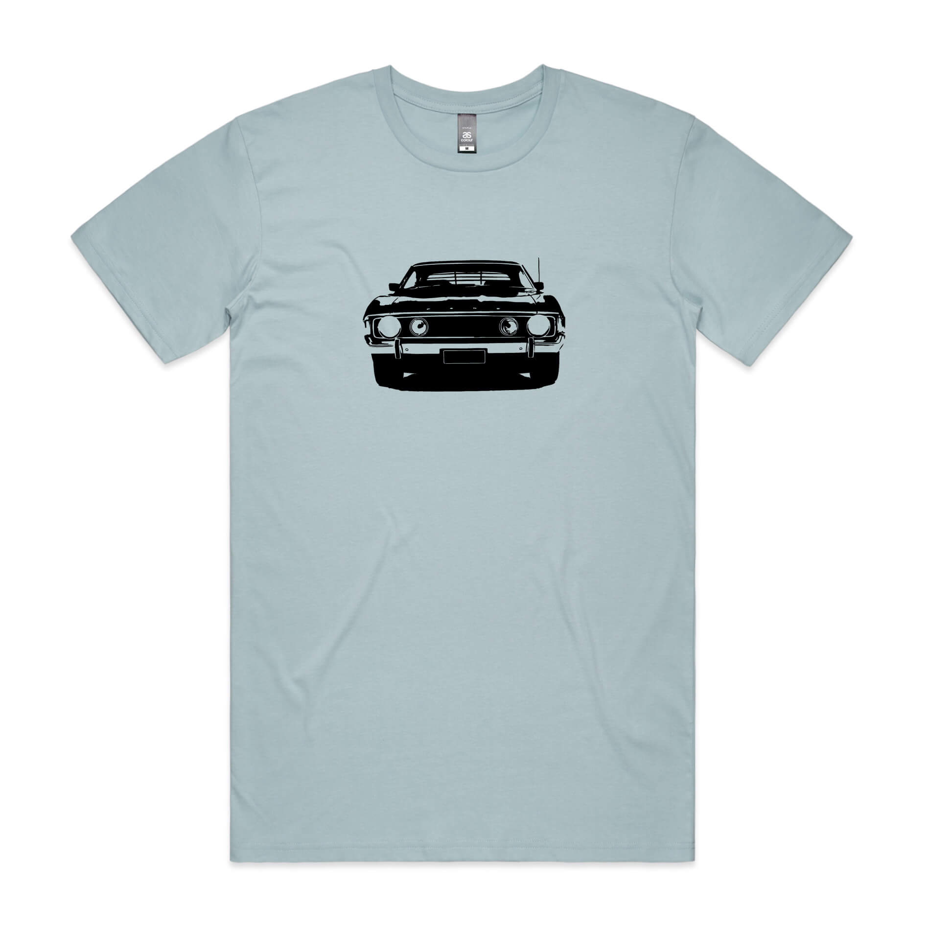 Ford XA Falcon t-shirt in light blue with a black car silhouette graphic