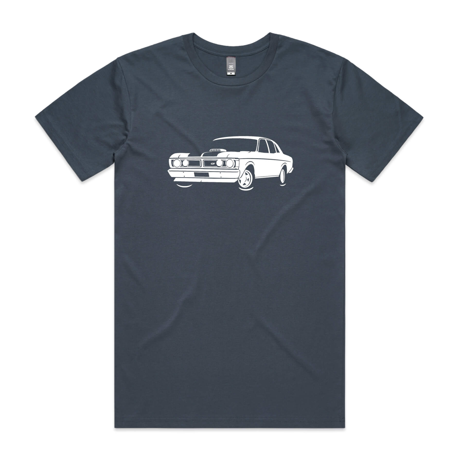 Ford XY Falcon t-shirt in petrol blue with white car graphic